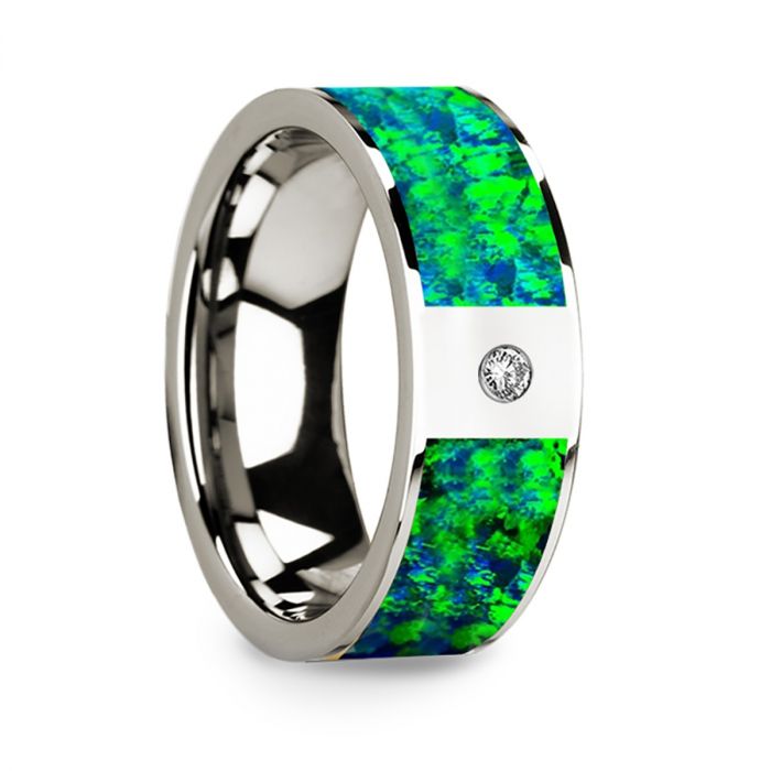 Men’s Polished 14k White Gold & Green/Blue Opal Inlay Wedding Ring with Diamond - 8mm