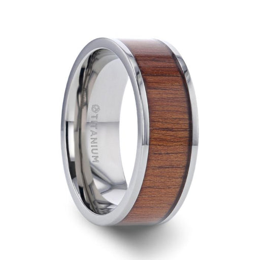HONUA Flat Titanium Wedding Band with Rare Koa Wood Inlay and Polished Edges - 8 mm