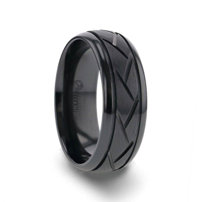 JAX Domed Black Titanium Ring with Brushed Cross Alternating Diagonal Cuts Pattern - 8 mm