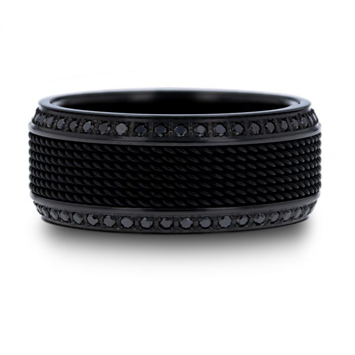 KNIGHT Steel Chain Black Titanium Wedding Ring Polished Beveled Edges Set with Round Black Diamonds - 10mm