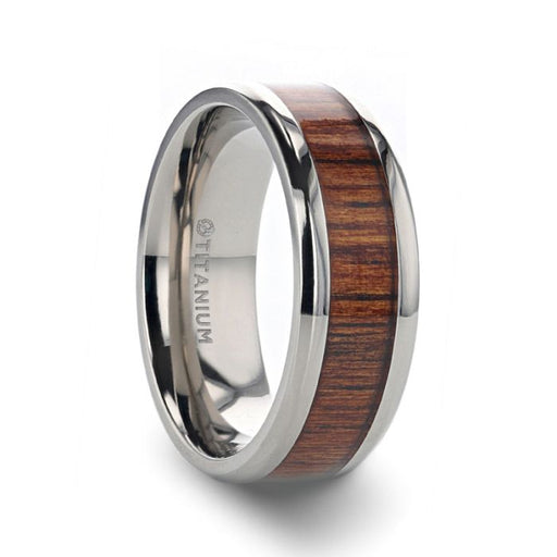 KOAN Titanium Polished Finish Koa Wood Inlaid Men’s Wedding Ring with Beveled Edges - 8mm
