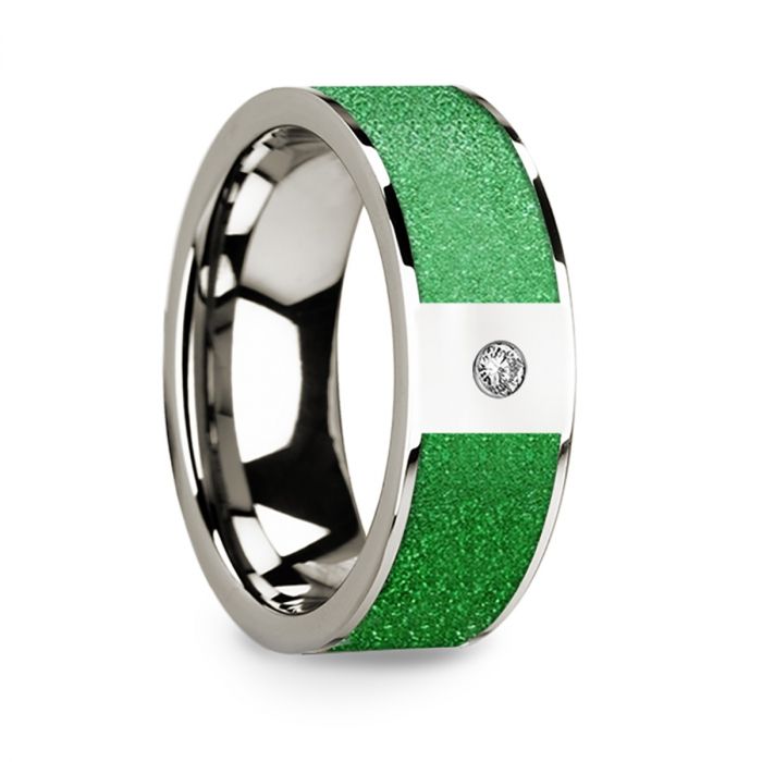 Polished 14k White Gold & Textured Green Inlaid Men’s Wedding Ring with Diamond Accent - 8mm