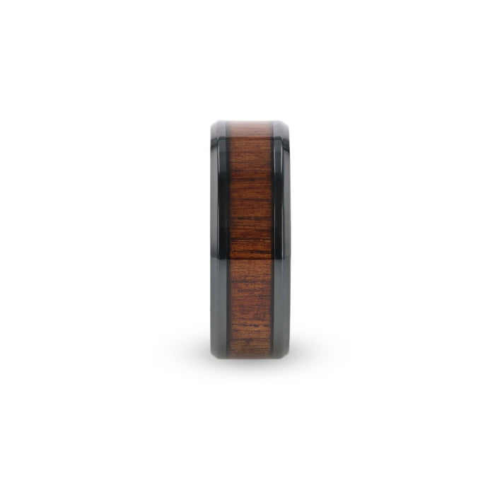 LEIFI Koa Wood Inlaid Black Titanium Ring with Bevels - 8 mm