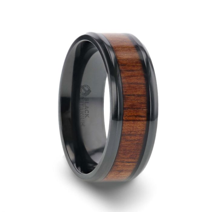 LEIFI Koa Wood Inlaid Black Titanium Ring with Bevels - 8 mm-Afterlife Essentials
