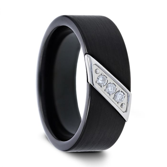 LIAM Flat Black Satin Finished Tungsten Carbide Wedding Band with Diagonal Diamonds Set in Stainless Steel - 8 mm
