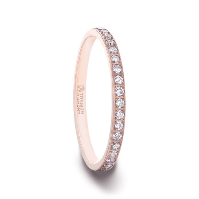 LILLIAN Flat Polished Rose Gold Plated Titanium Women's Wedding Ring With Small Lab-Created White Diamonds Setting - 2mm