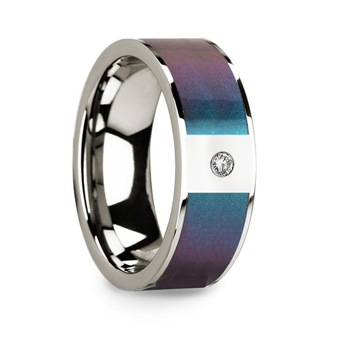 14k Polished White Gold Wedding Ring with Blue & Purple Color Changing Inlay & Diamond - 8mm