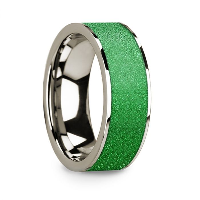 Polished 14k White Gold Men’s Wedding Ring with Textured Green Inlay - 8mm