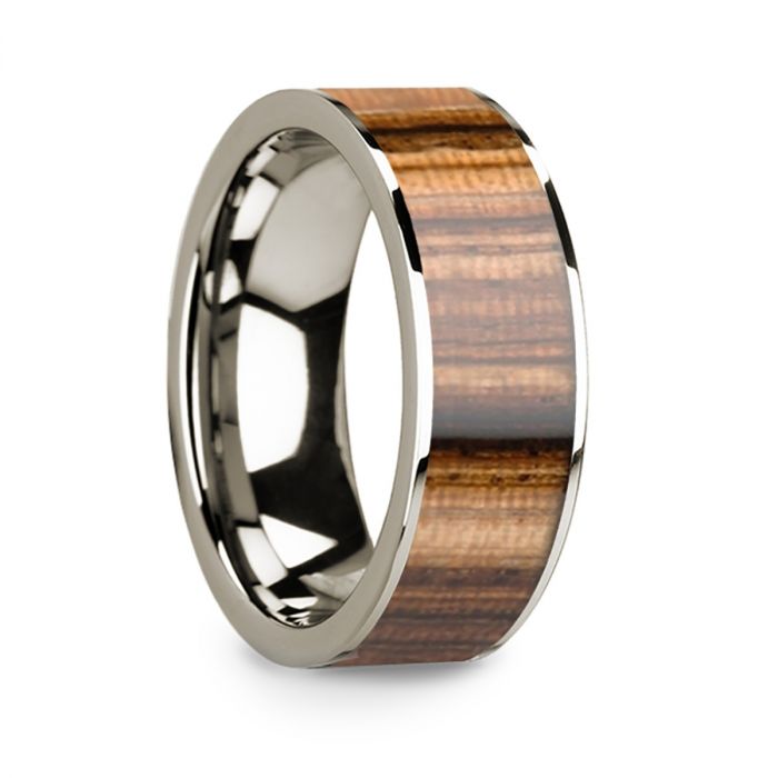 Men’s Polished 14k White Gold & Zebra Wood Inlay Flat Wedding Ring - 8mm