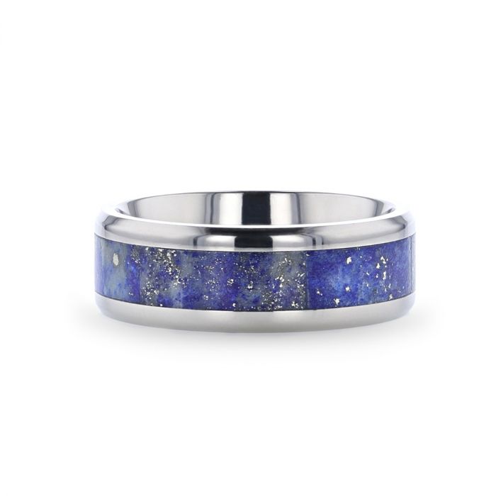 MALONE Men's Titanium Wedding Ring with Blue Lapis Inlay & Beveled Edges - 8 mm