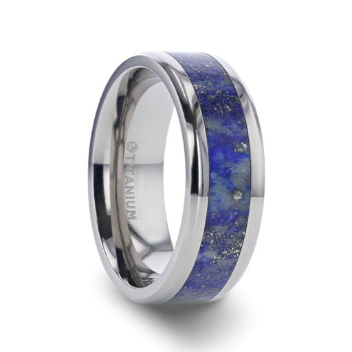 MALONE Men's Titanium Wedding Ring with Blue Lapis Inlay & Beveled Edges - 8 mm