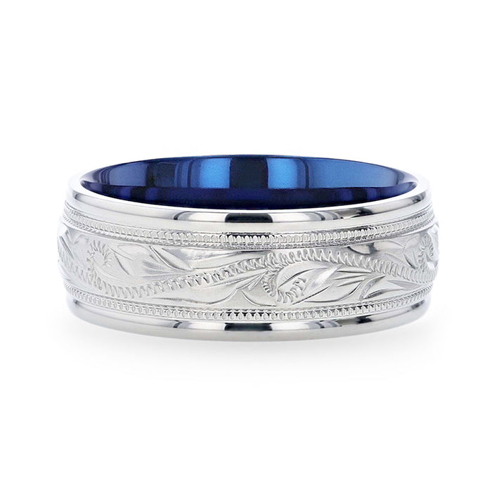 MARINER Titanium Milgrain Engraved Finish Men's Wedding Ring with Blue Plating Inside- 8mm