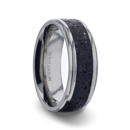 MAUNA Black And Gray Lava Inlaid Titanium Men's Wedding Band With Polished Beveled Edges - 8mm