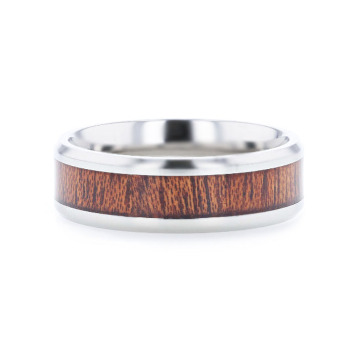 MELIA Mahogany Wood Inlaid Titanium Flat Polished Finish Men's Wedding Ring With Beveled Edges - 8mm