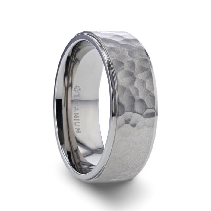 MINISTER Titanium Ring with Raised Hammered Finish and Polished Step Edges - 8 mm