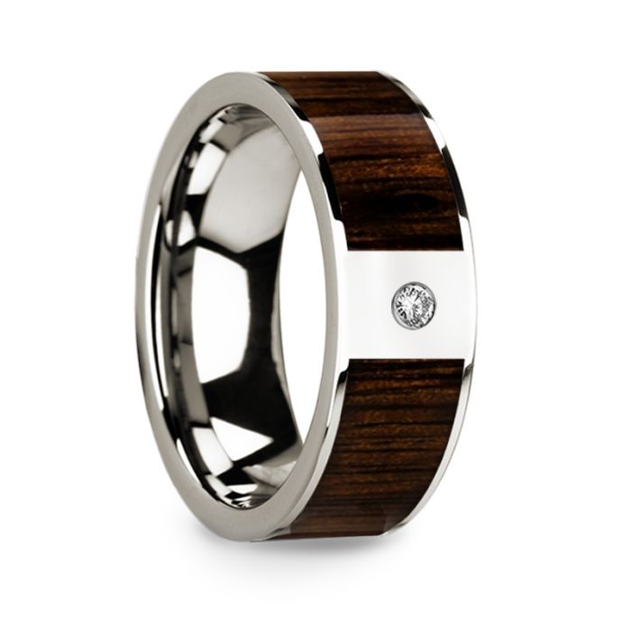 Men’s Polished 14k White Gold & Black Walnut Inlay Wedding Ring with Diamond - 8mm
