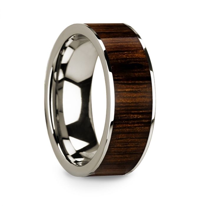 Polished 14k White Gold Men’s Ring with Black Walnut Wood Inlay 8mm