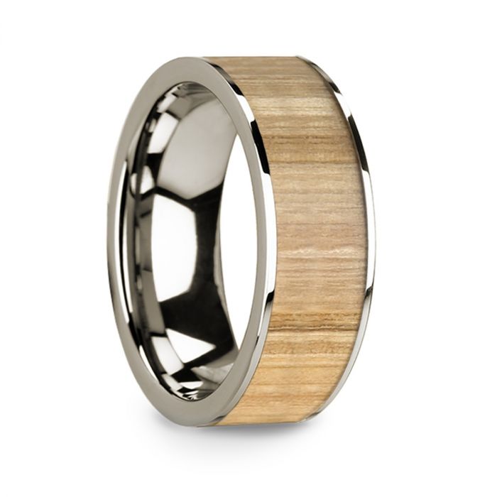 Polished 14k White Gold Men’s Wedding Ring with Ash Wood Inlay - 8mm