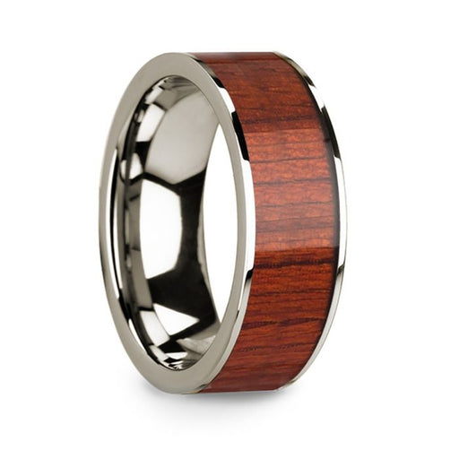 Polished Finish 14k White Gold Men’s Wedding Band with Padauk Wood Inlay - 8mm