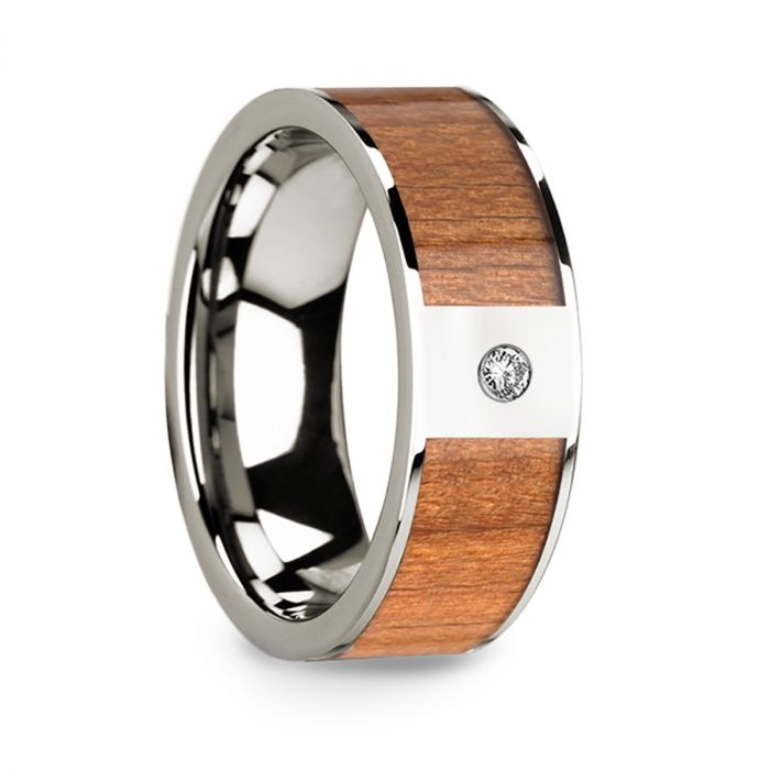 Sapele Wood Inlaid Polished 14k White Gold Men’s Wedding Ring with Diamond Center - 8mm
