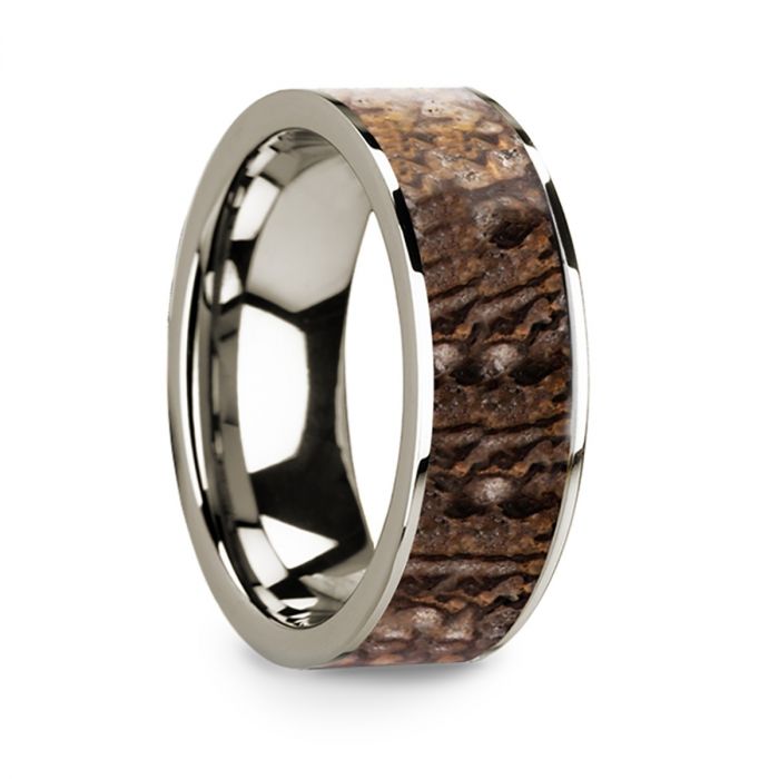 Polished 14k White Gold Men’s Flat Wedding Ring with Brown Dinosaur Bone Inlay - 8mm