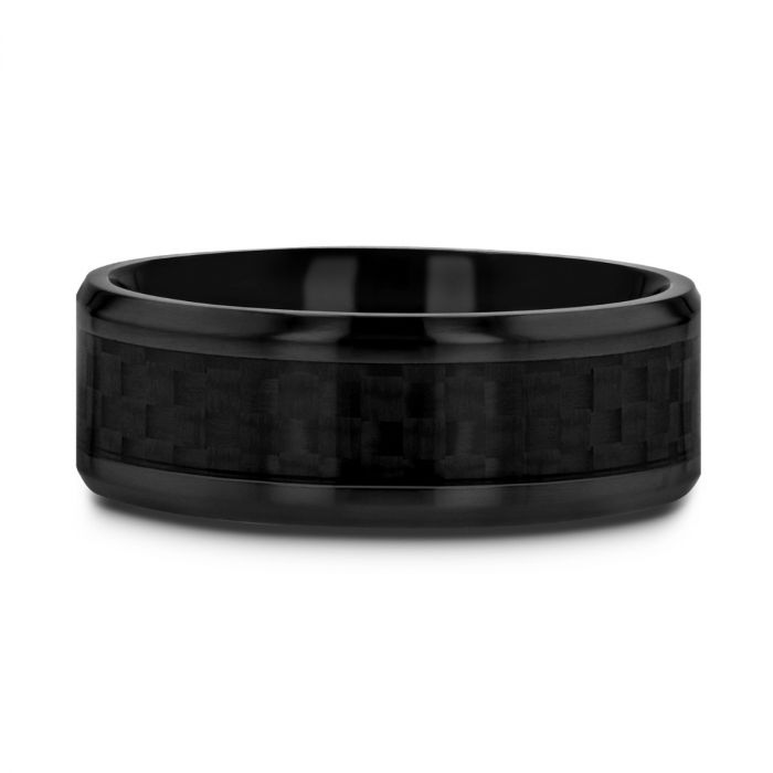OXYN Black Titanium Polished Beveled Edges Black Carbon Fiber Inlaid Men’s Wedding Band - 6mm & 8mm