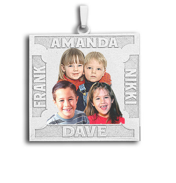 Square Photo Pendant w/ 4 Names Etched Jewelry