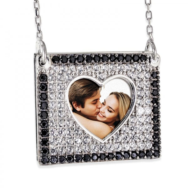 Photo Engraved Flip Up CZ Square Frame Necklace Jewelry