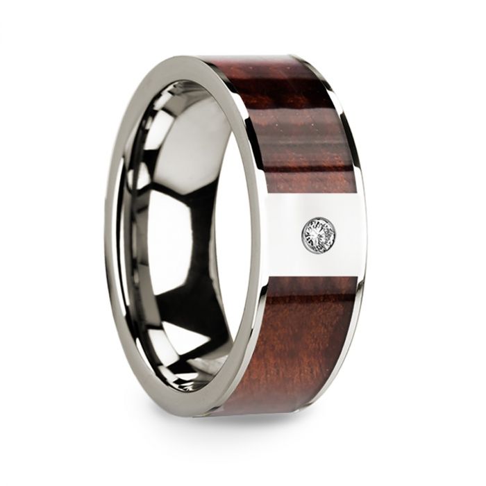 Redwood Inlaid Polished 14k White Gold Men’s Wedding Ring with Diamond Center - 8mm