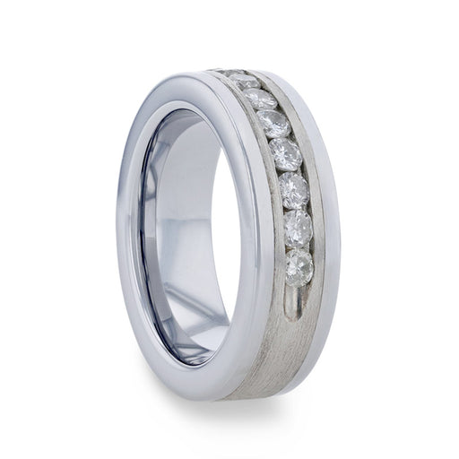 HOLDEN Flat Tungsten Carbide ring with Satin Finished Silver Inlay and 0.9 ctw Channel Set Diamonds - 8 mm