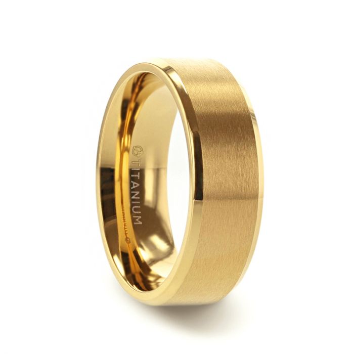 RADIATE Gold-Plated Titanium Flat Brushed Center Men's Wedding Ring With Beveled Polished Edges - 8mm