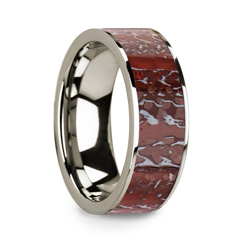 Flat 14k White Gold with Red Dinosaur Bone Inlay - 8 mm