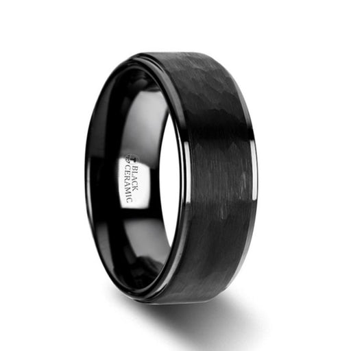 REBEL Raised Hammer Finish Step Edge Black Tungsten Carbide Wedding Band with Brushed Finish - 6mm & 8mm