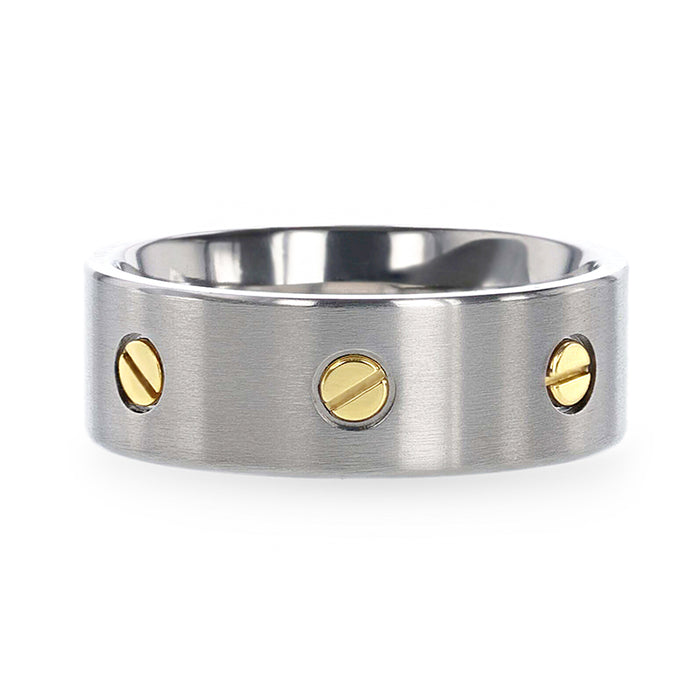 RESOLUTE Titanium Flat Brushed Finish Men's Wedding Ring With Rotating Screw Design - 8mm