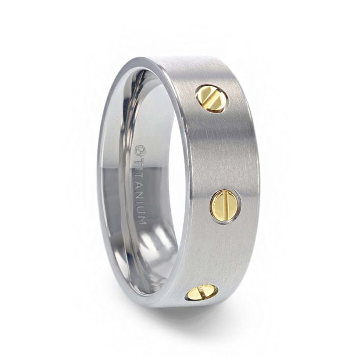 RESOLUTE Titanium Flat Brushed Finish Men's Wedding Ring With Rotating Screw Design - 8mm