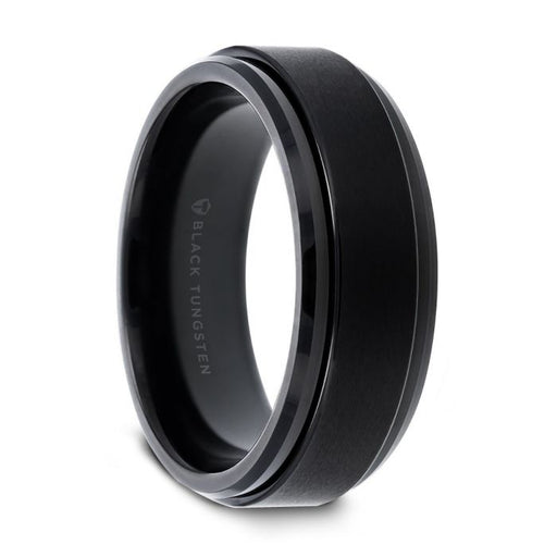 REVOLVE Black Tungsten Brushed Finish Spinner Ring Polished Base Spinning Wedding Band - 6mm & 8mm