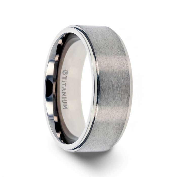 RHINOX Brushed Raised Center Men’s Titanium Wedding Ring with Polished Step Edges - 6mm & 8mm