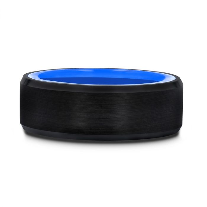 RIGEL Flat Beveled Edges Black Tungsten Ring with Brushed Center and Vibrant Blue Inside - 8mm