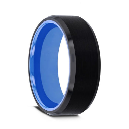 RIGEL Flat Beveled Edges Black Tungsten Ring with Brushed Center and Vibrant Blue Inside - 8mm