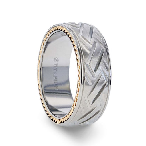 SATURN Woven Pattern Domed Titanium Men's Wedding Ring With Yellow Gold Braided Edges - 8mm