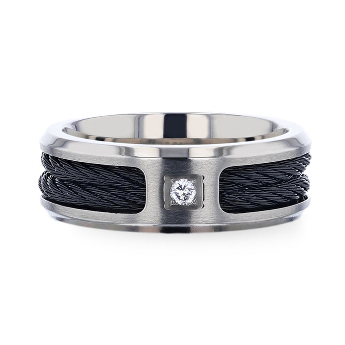 SECTOR Black Rope Cables Inlaid Brushed Finish Titanium Men's Wedding Ring with Diamond Centered And Beveled Polished Edges - 8mm