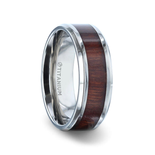 SEQUIOA Red Wood Inlaid Titanium Flat Polished Finish Men's Wedding Ring With Beveled Edges - 8mm