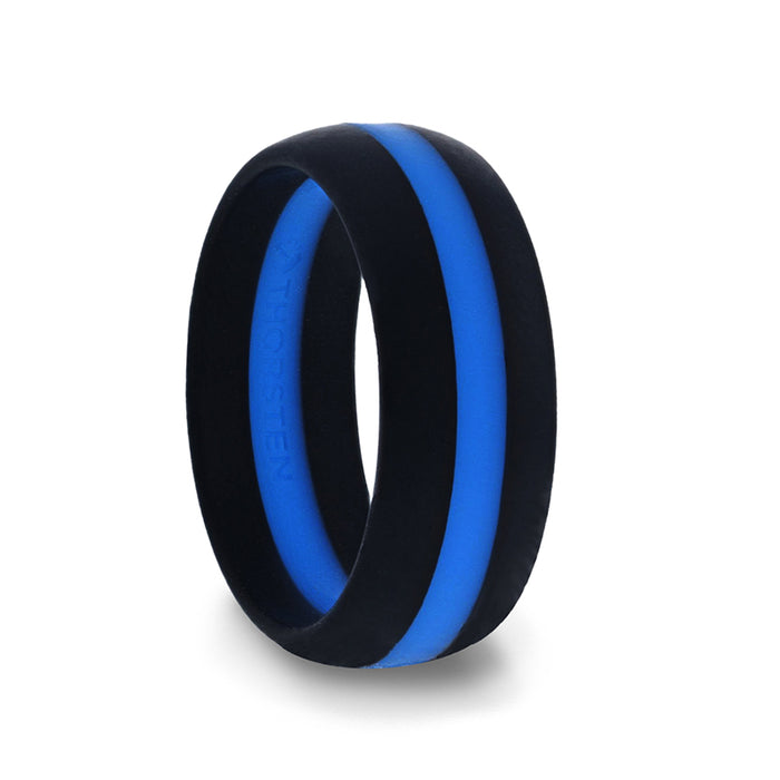 Matte Black Men's Silicone Ring ring With Vibrant Blue Colored Inlay - 8mm