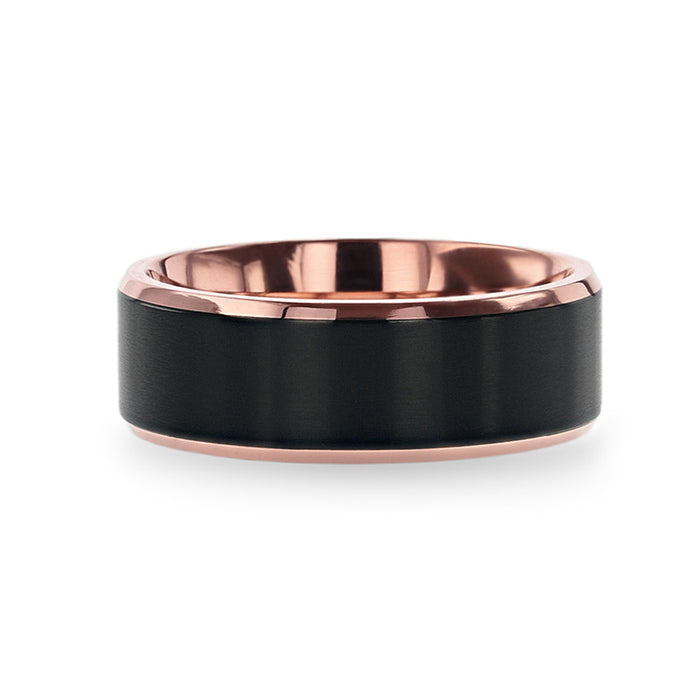 STEPHEN Rose Gold Plated Black Titanium Flat Brushed Center Men's Wedding Ring With Beveled Polished Edges - 8mm