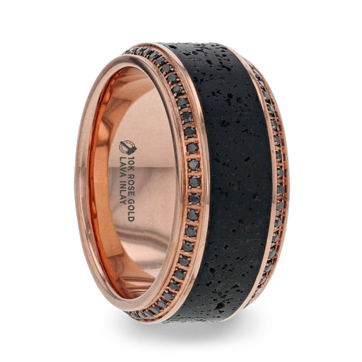 SILVANOS Polished 14k Rose Gold Men’s Wedding Band with Bubinga Wood Inlay & Diamond - 8 mm