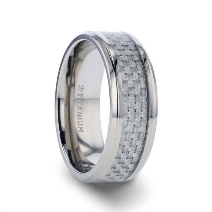 TANTALUS Beveled Edge Titanium Ring with White Carbon Fiber Inlay - 8mm