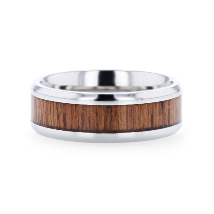 TECTON Teak Wood Inlaid Flat Polished Finish Titanium Men's Wedding Ring With Beveled Edges - 8mm