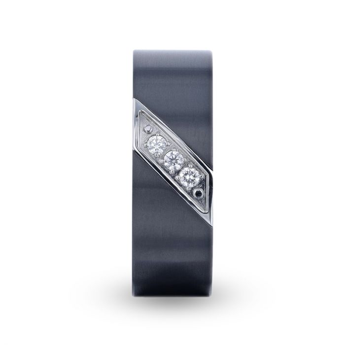 JAGUAR Flat Brushed Black Titanium Men's Wedding Band With Small Silver-Coated Diagonal Design And A Set of 3 Diamonds - 8mm
