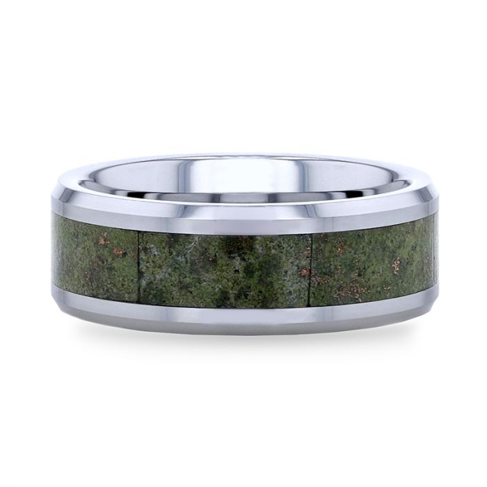 LIBERTY Tungsten Carbide Ring with Beveled Edges and Green Copper Conglomerate Inlay - 8 mm