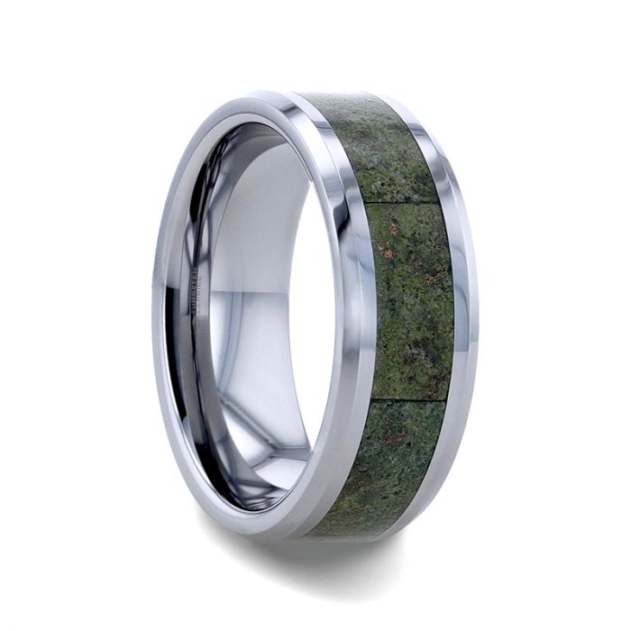 LIBERTY Tungsten Carbide Ring with Beveled Edges and Green Copper Conglomerate Inlay - 8 mm